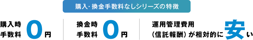 購入・換金手数料なしシリーズの特徴 購入時手数料0円　換金時手数料0円　運用管理費用（信託報酬）が相対的に安い